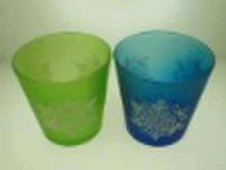 Glass candle holder flocking green/blue colors