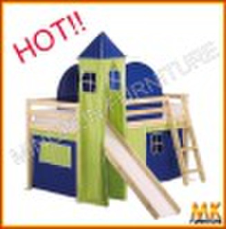 children pine loft bed with slider,tent, castle,tu