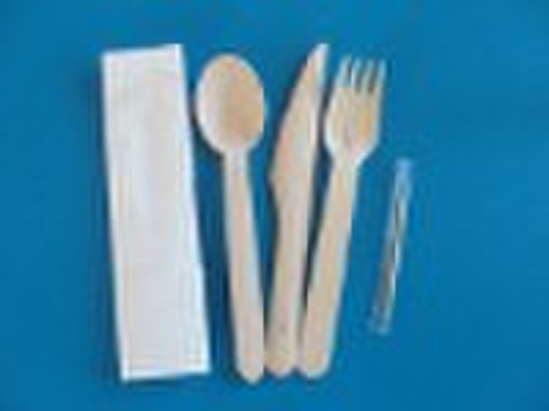 GL476 wooden cutlery set+tissue+toothpicks