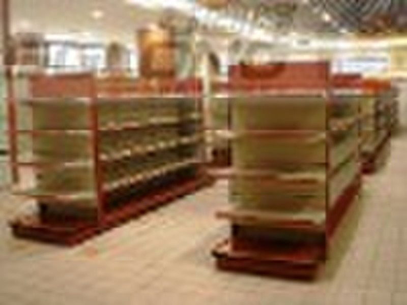 wood grain gondola shelving