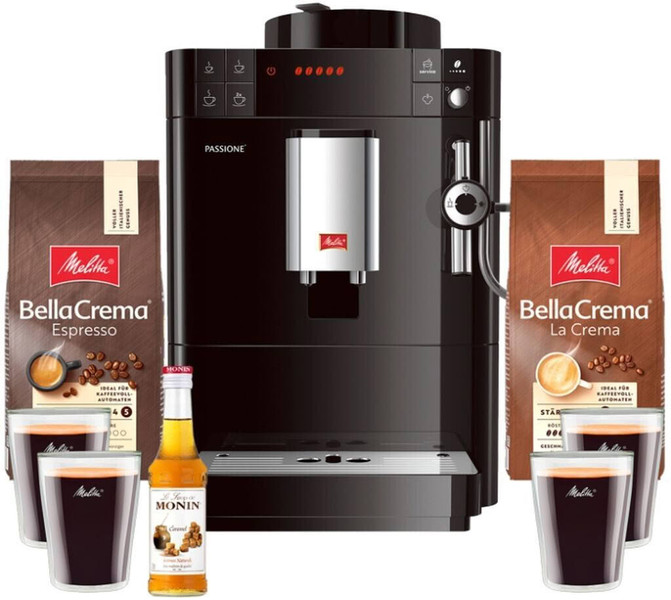 Melitta Caffeo Passione F 53/0-102 Bundle Pack schwarz inkl 2x 1kg Bohnen Karamellsirup und Gläser