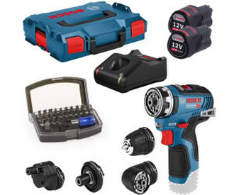 Bosch GSR 12V-35 FC (2x 3.0 Ah +Ladegerät + 4xAufsätze + Bit-Set + L-Boxx)