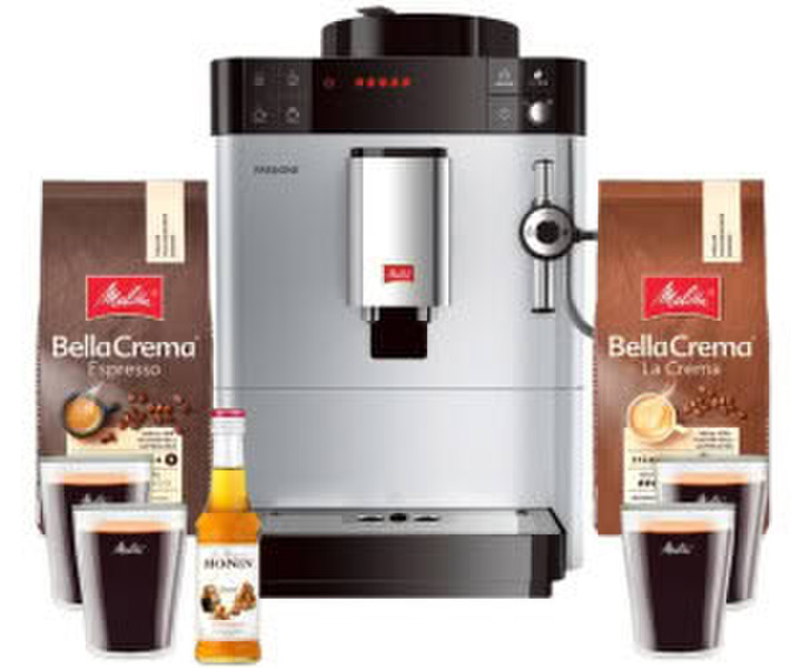 Melitta Caffeo Passione F 53/0-101 Bundle Pack Silber inkl 2x 1kg Bohnen Karamellsirup und Gläser