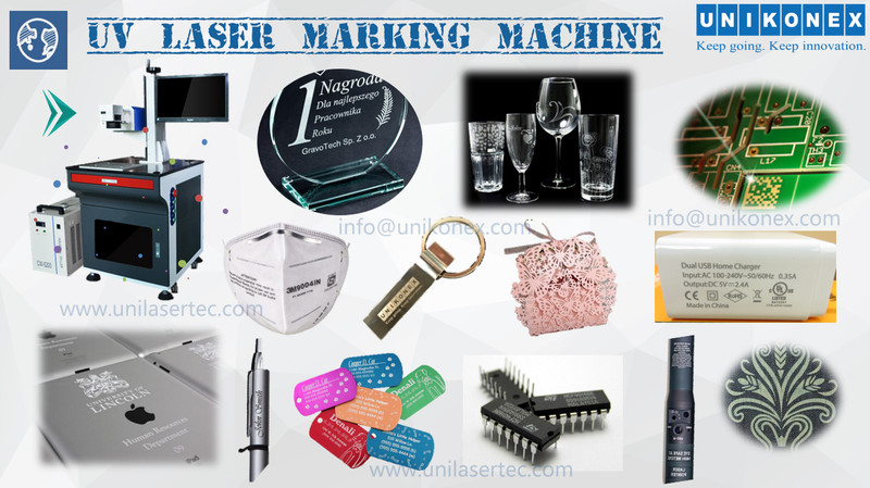  Unikonex UV laser marking in masks, glass, adapter, plastic