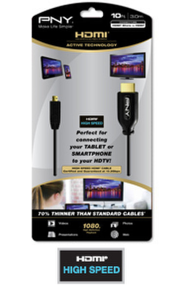 PNY C-H-A10-D10-T 3.05м Micro-HDMI HDMI Черный HDMI кабель