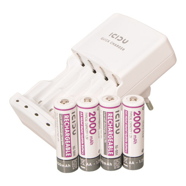 ICIDU Quick Battery Charger with 4x AA 2000mAh Low Discharge Batteries Для помещений Белый