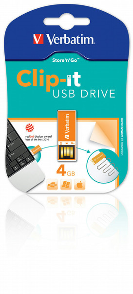 Verbatim Clip-it 4GB USB 2.0 Type-A Orange USB flash drive