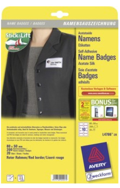 Avery L4786-20 Paper 200pc(s) badge/badge holder