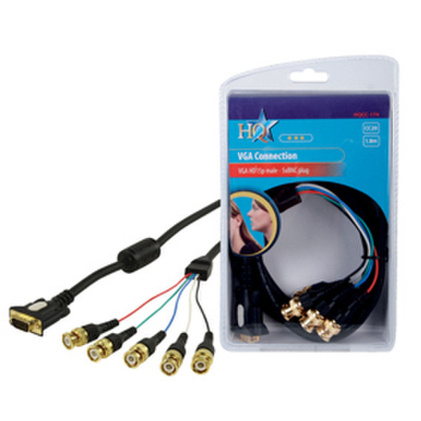 HQ CC-174 1.8m VGA (D-Sub) 5 x BNC Black video cable adapter