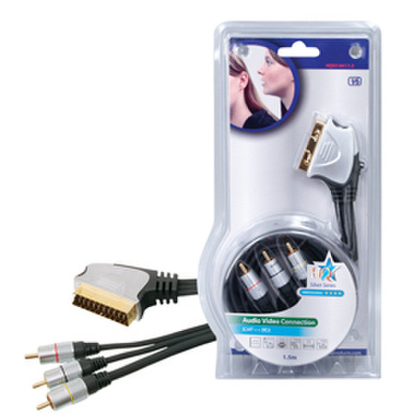 HQ 1.5m SCART - 3x RCA 1.5m SCART (21-pin) 3 x RCA Black,Silver