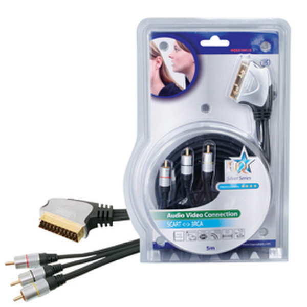 HQ 5m SCART - 3x RCA 5m SCART (21-pin) 3 x RCA Black,Silver