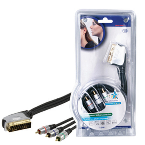 HQ 1.5m SCART - 3x RCA 1.5m SCART (21-pin) 3 x RCA Schwarz, Silber