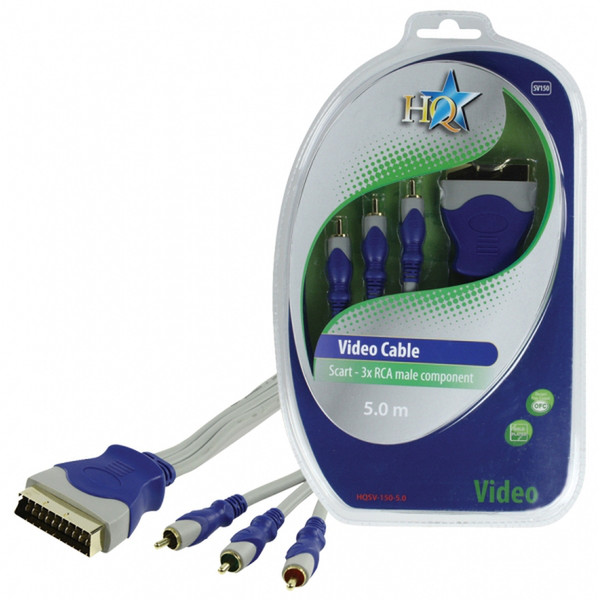 HQ 5m SCART/3xRCA M/M 5m SCART (21-pin) 3 x RCA Blau, Grau Videokabel-Adapter