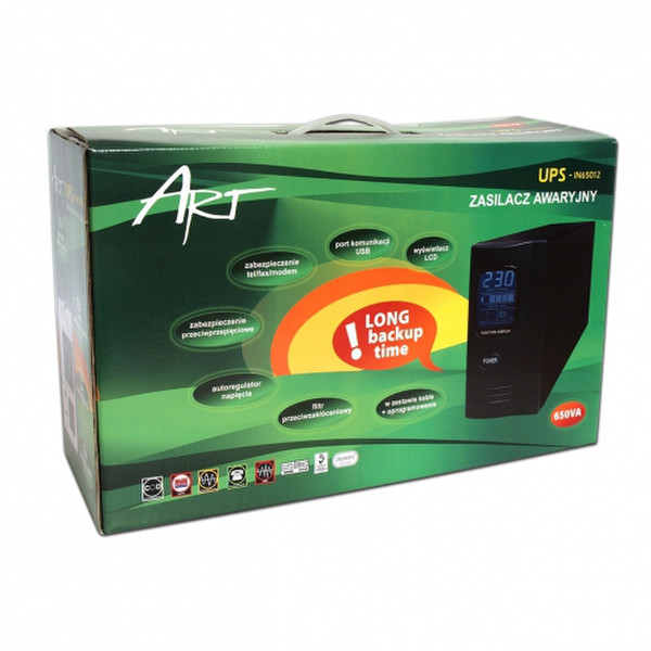 Art Audio UPS-IN65012 650VA 1AC outlet(s) Tower Black uninterruptible power supply (UPS)