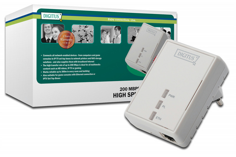 Digitus DN-15026 200Мбит/с Подключение Ethernet Белый 1шт PowerLine network adapter