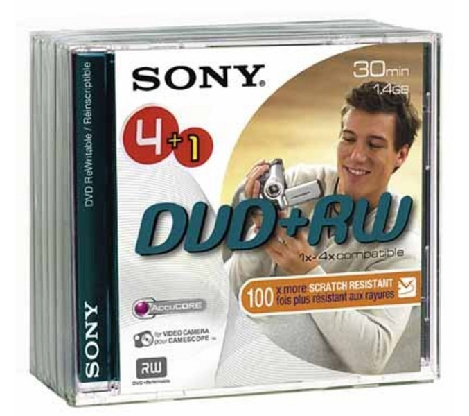 Sony DVD+RW, 1.4GB 30Min single side 4+1pk