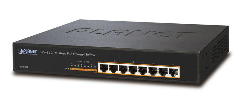 Planet FSD-808P Power over Ethernet (PoE) Черный