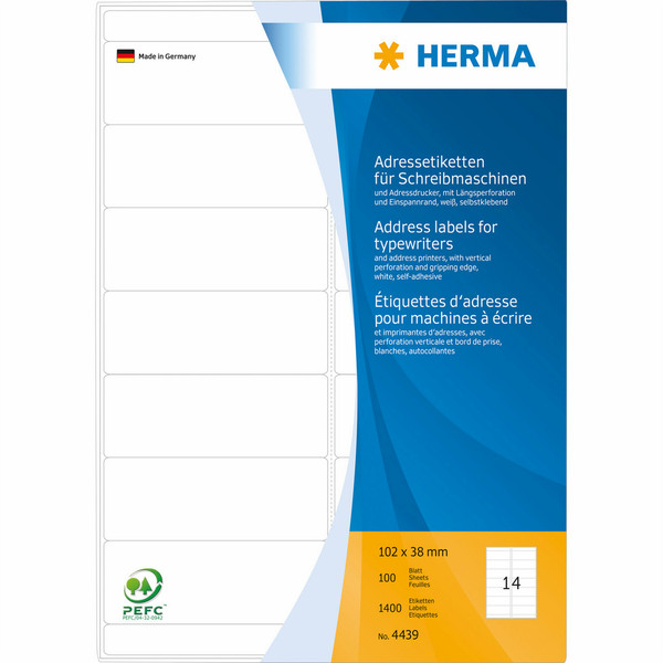 HERMA Adressetiketten für Schreibmaschinen A4 102x38 mm Papier matt Ecken rund 1400 St.