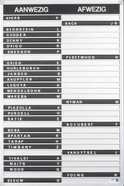 Smit Visual Attendance board rubber 40 positions incl. 2x letter assortments, 106 x 51 cm planning board
