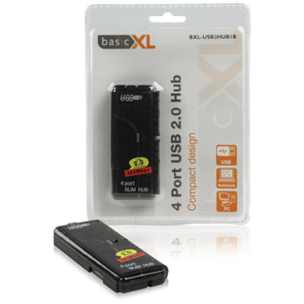 basicXL BXL-USB2HUB1B 480Мбит/с Черный хаб-разветвитель