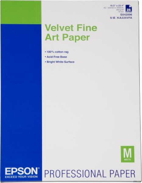 Epson Velvet Fine Art Paper, DIN A2, 260g/m², 25 Sheets, White Box
