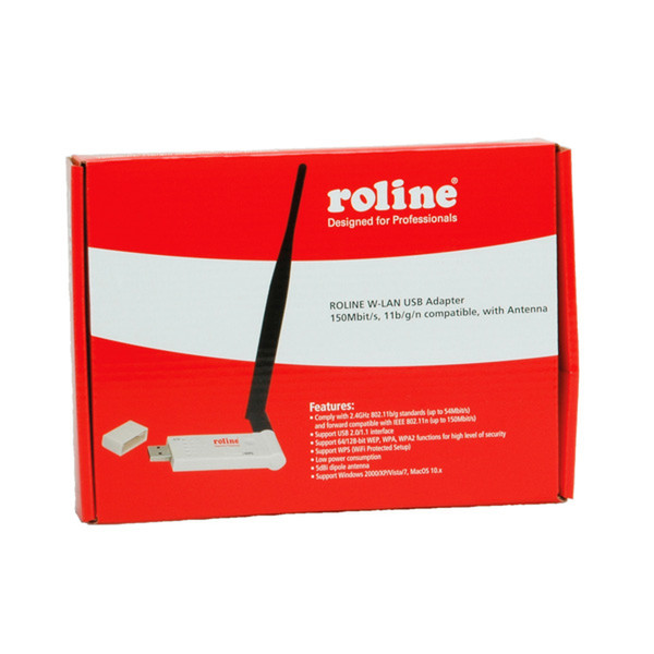 ROLINE 11b/g/n compatible W-LAN USB Adapter, 150Mbit/s, with Antenna