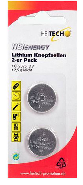 Heitech Lithium Button Cells 2 pcs, CR2025 Lithium 3V