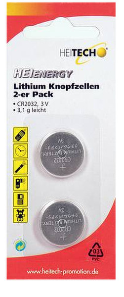 Heitech Lithium Button Cells 2 pcs, CR2032 Lithium 3V