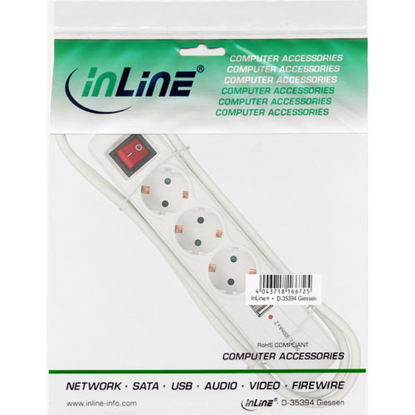 InLine 16451R 3AC outlet(s) 1.5m White power extension