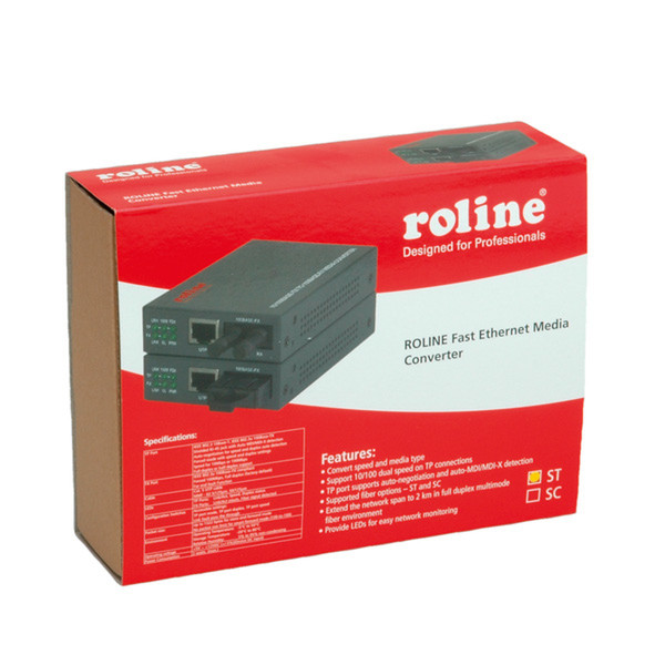 ROLINE RC-100FX/ST Fast Ethernet Converter, RJ-45 to ST, Loop-back network media converter