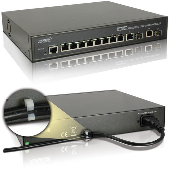 Transition Networks SM8TAT2DPA-NA gemanaged L2 Gigabit Ethernet (10/100/1000) Energie Über Ethernet (PoE) Unterstützung 1U Schwarz Netzwerk-Switch