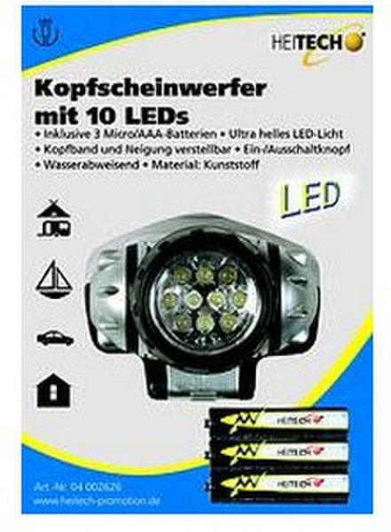 Heitech 10 LEDs Stirnband-Taschenlampe LED Schwarz, Silber
