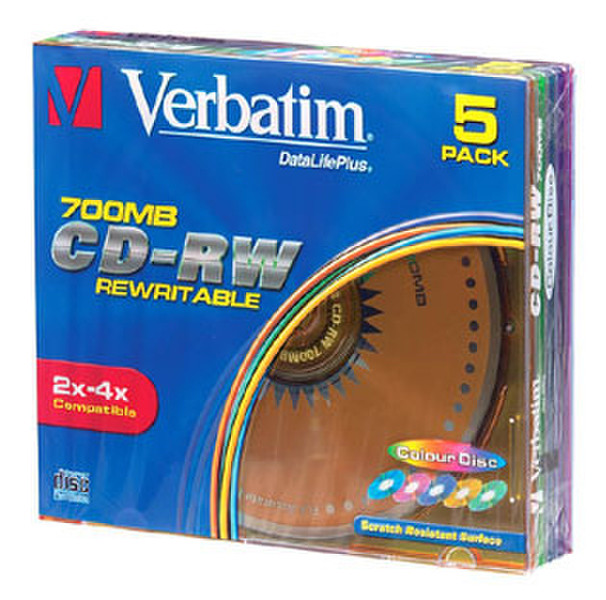 Verbatim CDRW 4X Col 5pk Slim CD-RW 700MB 5pc(s)