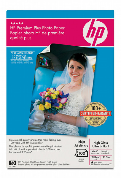 HP Premium Plus High-gloss Photo Paper-100 sht/4 x 6 in plus tab photo paper