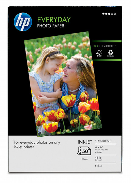 HP Everyday Glossy Photo Paper-50 sht/4 x 6 in plus tab photo paper