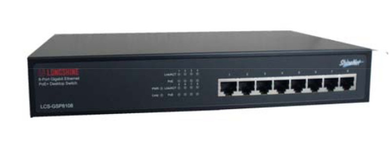 Longshine LCS-GSP8108 Gigabit Ethernet (10/100/1000) Energie Über Ethernet (PoE) Unterstützung Schwarz Netzwerk-Switch