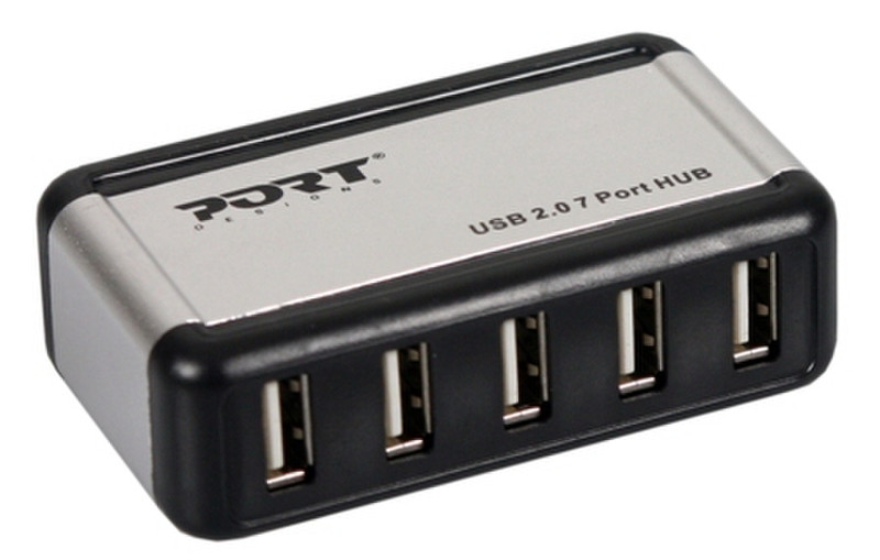 Port Designs 7 Port USB Hub 480Мбит/с Черный, Cеребряный хаб-разветвитель