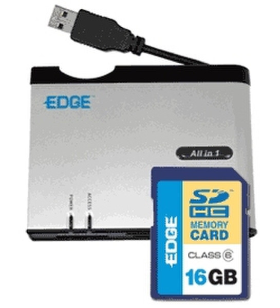 Edge All-In-One Digital Card Reader with SDHC Card 16GB Bundle USB 2.0 Silver card reader