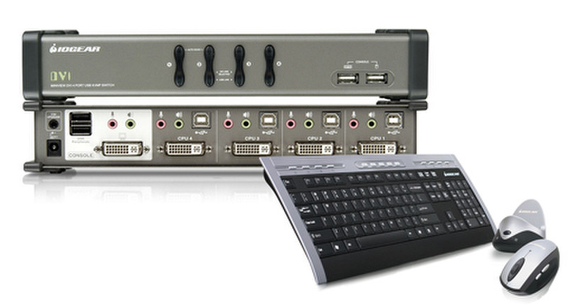 iogear DVI KVM + wireless keyboard / mouse + KVM cables Schwarz Tastatur/Video/Maus (KVM)-Switch