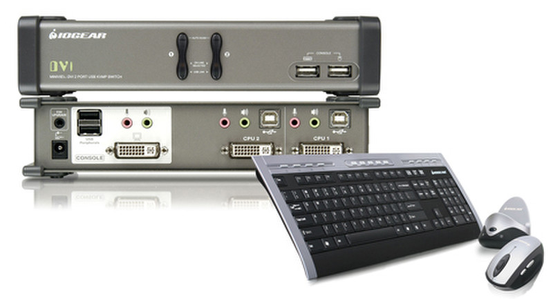 iogear 2 Port DVI KVM + cables + wireless mouse/ keyboard combo Черный KVM переключатель