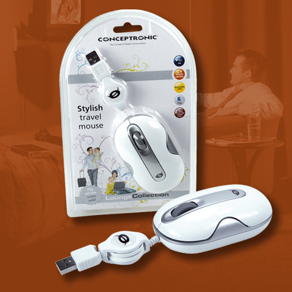 Conceptronic Stylish Travel Mouse USB Оптический 800dpi Белый компьютерная мышь