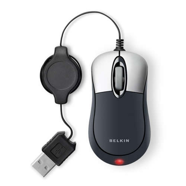 Belkin Retractable Travel Mouse, Silver / Black USB Оптический компьютерная мышь