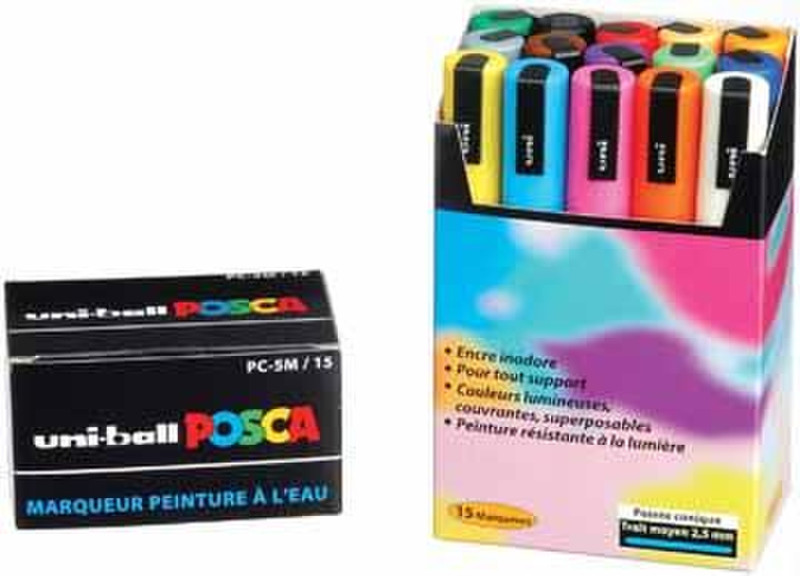 Uni-Ball uni POSCA PC-5M, 15 pcs Черный, Синий, Коричневый, Золотой, Зеленый, Оранжевый, Розовый, Красный, Cеребряный, Фиолетовый, Белый, Желтый 15шт маркер