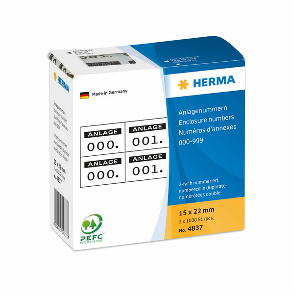 HERMA Enclosure numbers self-adhesive 2 labels printed in row 15x22 mm black printed, 0-999 self-adhesive label