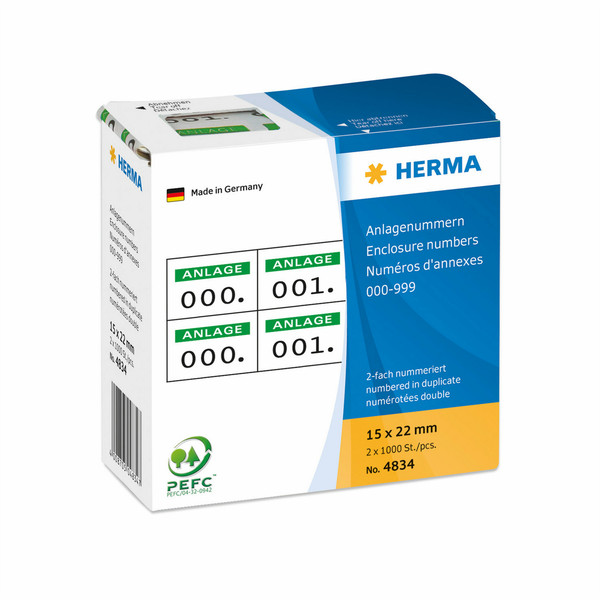 HERMA Enclosure numbers self-adhesive 2 labels printed in row 15x22 mm green printed, 0-999 self-adhesive label