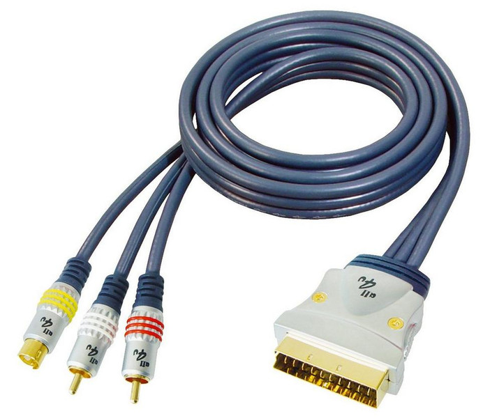 all4u Scart - RCA, 3m 3m S-Video (4-pin) + 2xRCA SCART (21-pin) Blue video cable adapter