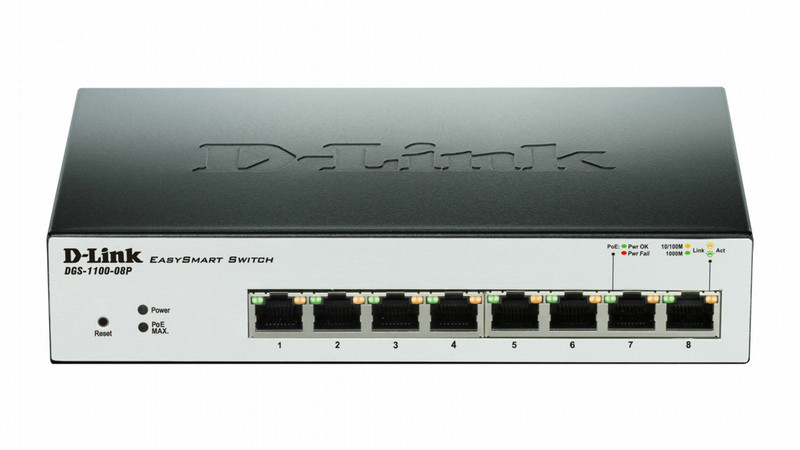 D-Link DGS-1100-08P L2 Gigabit Ethernet (10/100/1000) Power over Ethernet (PoE) Черный сетевой коммутатор