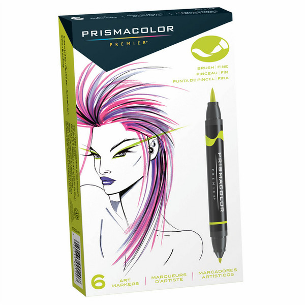 Prismacolor Premier Brush|Fine 6 set Тонкий кистевидный наконечник Черный, Синий, Зеленый, Красный, Фиолетовый, Желтый 6шт маркер