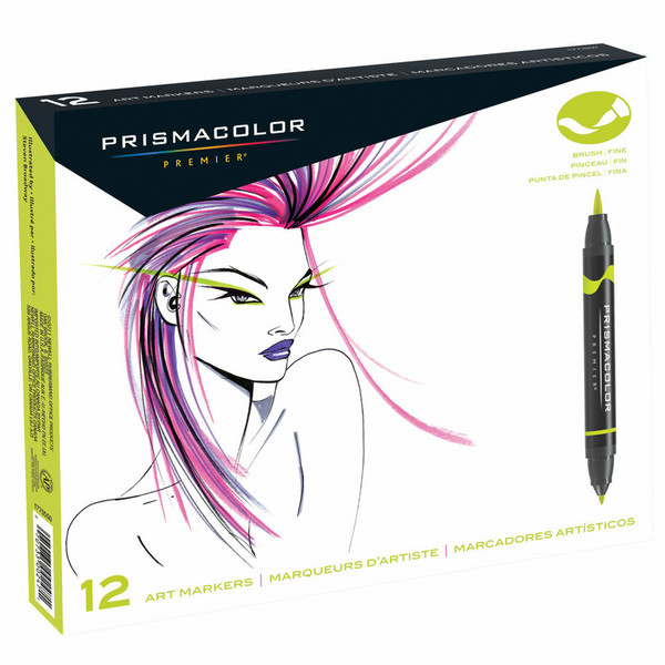 Prismacolor Premier Brush|Fine Primary/Secondary set Тонкий кистевидный наконечник Черный, Синий, Коричневый, Зеленый, Оранжевый, Розовый, Красный, Фиолетовый, Желтый 12шт маркер