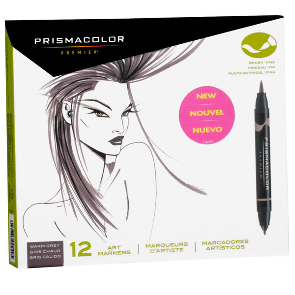 Prismacolor Premier Brush|Fine Warm Grey set Тонкий кистевидный наконечник Черный, Серый 12шт маркер